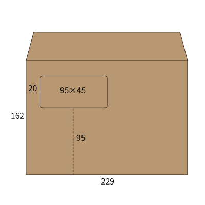 A4二つ折り対応・窓付き封筒(角6ヨコ)テープ付
幅 x 天地：229 x 162mm
米坪：100g/m2