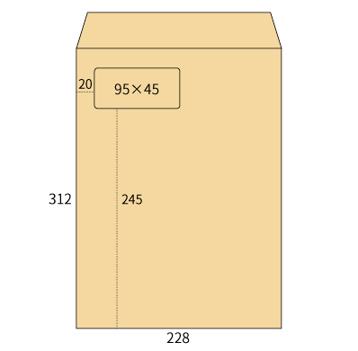 角形A4 クラフト 窓付 95×45 (100枚)
幅 x 天地：228 x 312mm
米坪：85g/m2