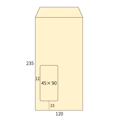長3窓サイド封筒コットンナチュラル 116.3g 地紋有
幅 x 天地：120 x 235mm
米坪：116g/m2